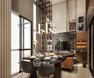 Luxurious modern living room with high ceilings and elegant dining area