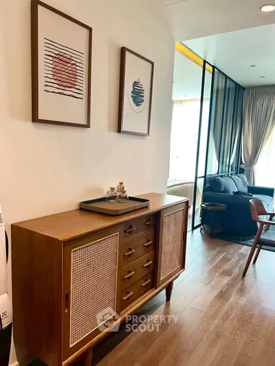 Stylish living room with modern decor and wooden furniture