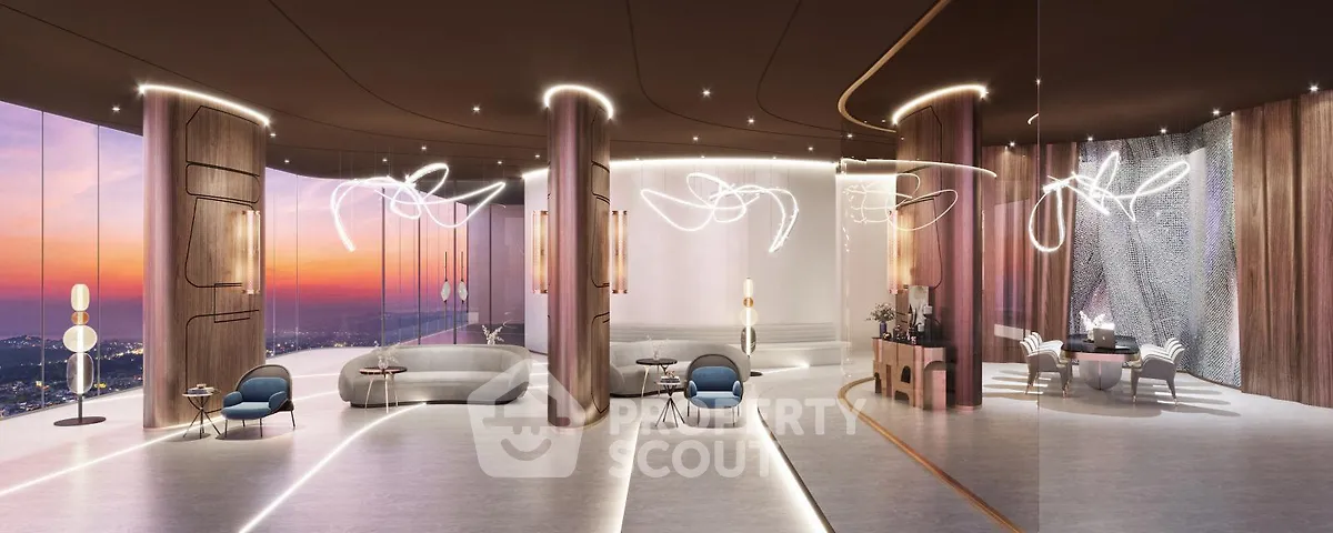 Luxurious modern living room with panoramic city views and elegant lighting