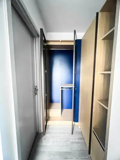 Modern storage space with sleek wooden cabinets and blue accent wall, perfect for organizing essentials.