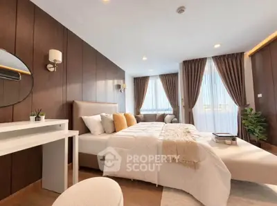 Luxurious bedroom with elegant decor, featuring a cozy bed, stylish lighting, and large windows with curtains.