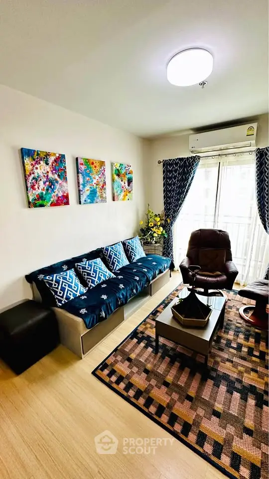 Stylish living room with vibrant decor and natural light