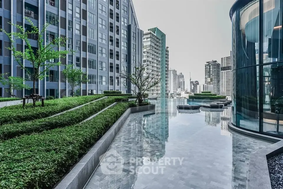 Luxurious urban rooftop garden with stunning city views and modern architecture.