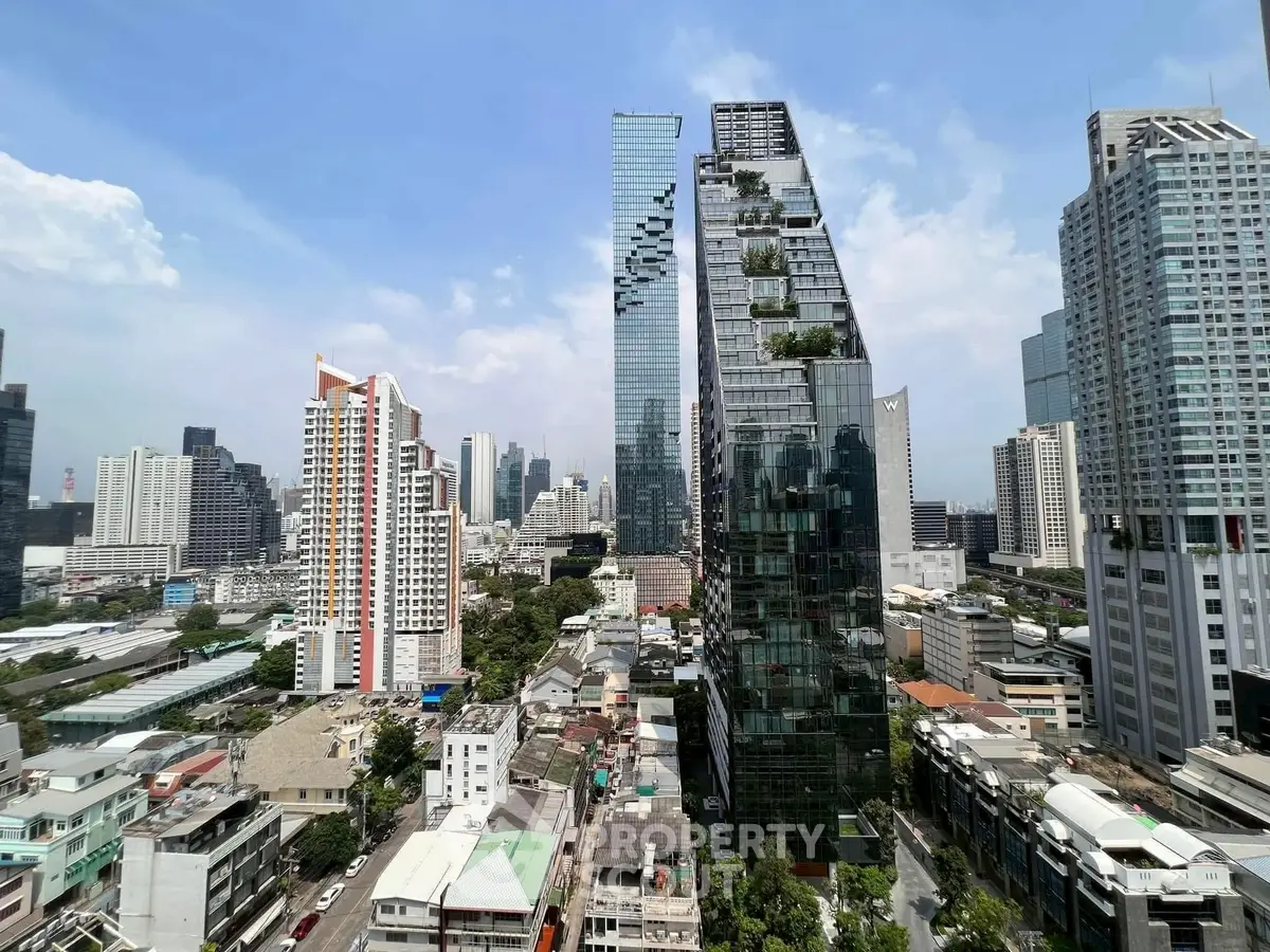 Stunning cityscape view of modern skyscrapers with lush vertical gardens in urban skyline.