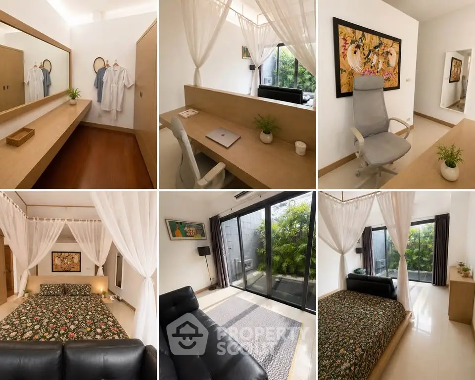 Elegant modern interior with spacious bedroom, cozy study area, and lush garden view, perfect for serene living.