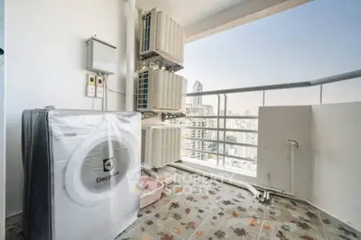 High-rise balcony with city view and air conditioning units, perfect for urban living.