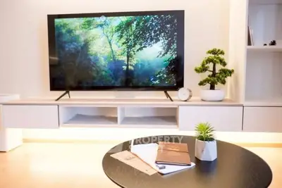 Modern living room with sleek TV setup and stylish decor
