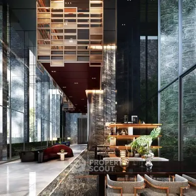 Luxurious modern living room with high ceilings and elegant decor
