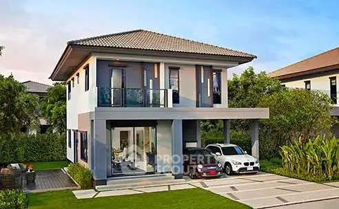 Modern two-story house with carport and lush garden in a serene neighborhood.