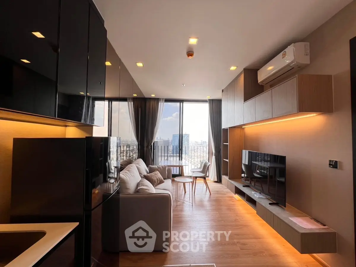 Modern living room with city view, sleek furniture, and ambient lighting in a high-rise apartment.