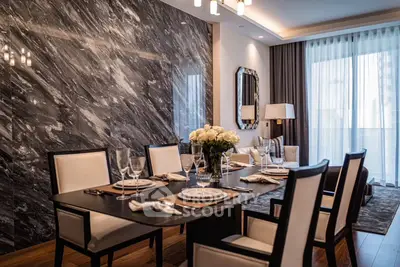 Luxurious dining room with elegant marble wall and stylish decor