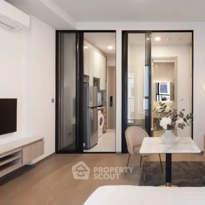 Modern apartment interior with open kitchen and stylish decor