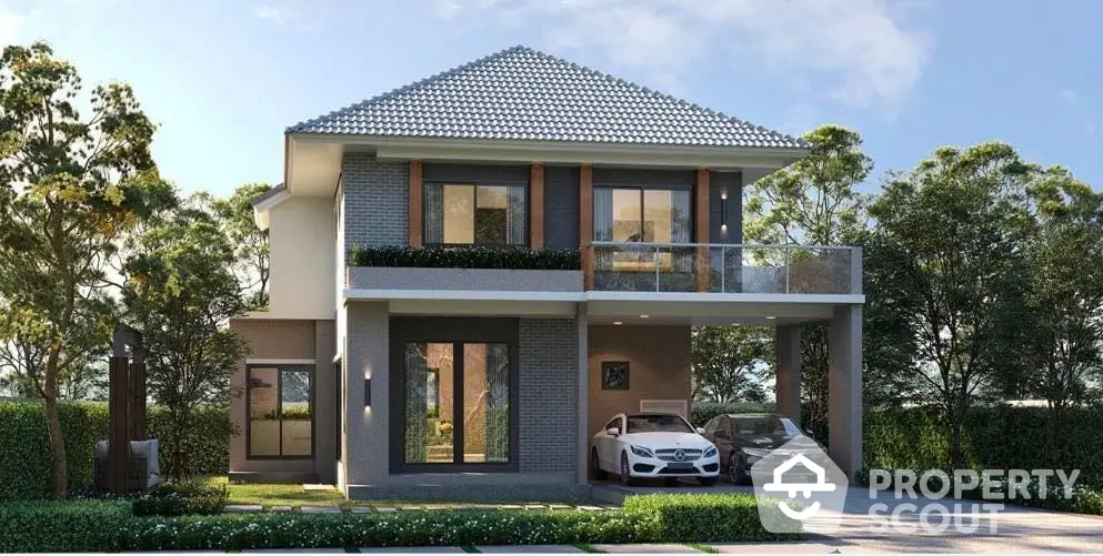 Modern two-story residence with a sleek design, featuring a spacious balcony, manicured lawn, and a double garage, nestled in a serene neighborhood.