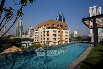 Luxurious rooftop pool with stunning city skyline views in a modern urban setting.