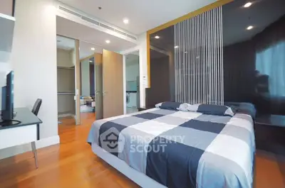 Spacious modern bedroom with stylish decor and ample natural light