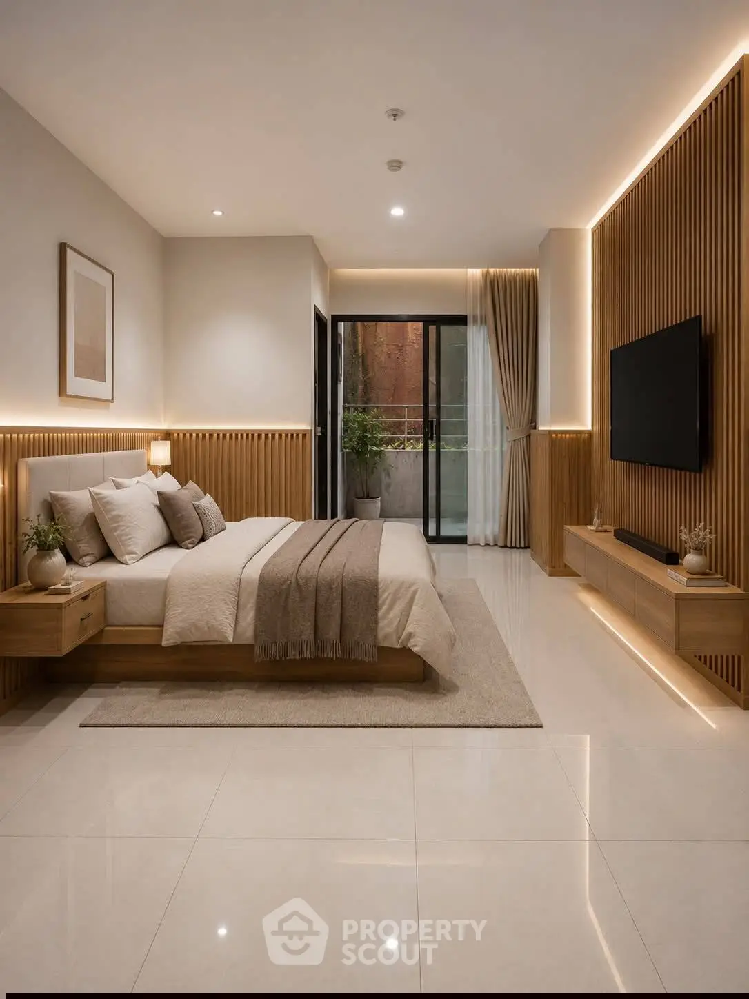 Luxurious modern bedroom with elegant decor and ambient lighting