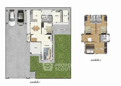 Modern two-story house floor plan with spacious layout and parking area.