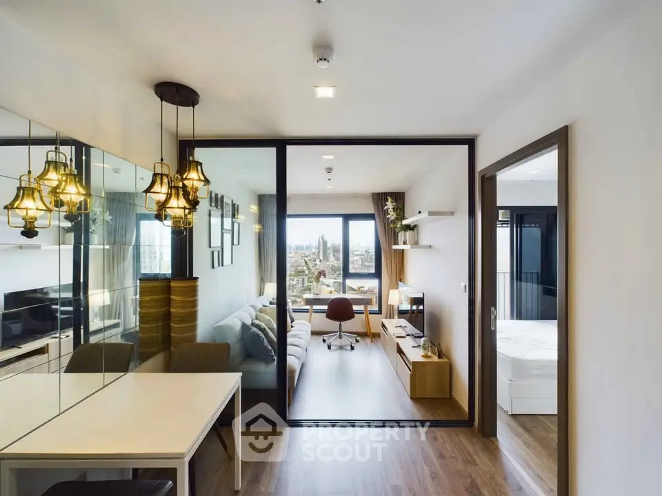 Modern apartment interior with open layout and city view