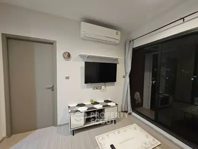 Modern living room with air conditioning and large window view