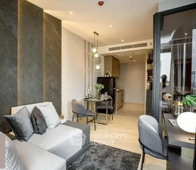Modern living room with stylish decor and open layout in luxury apartment.