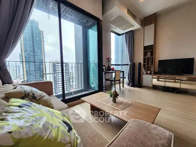Modern living room with city view and stylish decor
