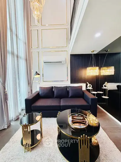 Luxurious modern living room with high ceilings and elegant decor