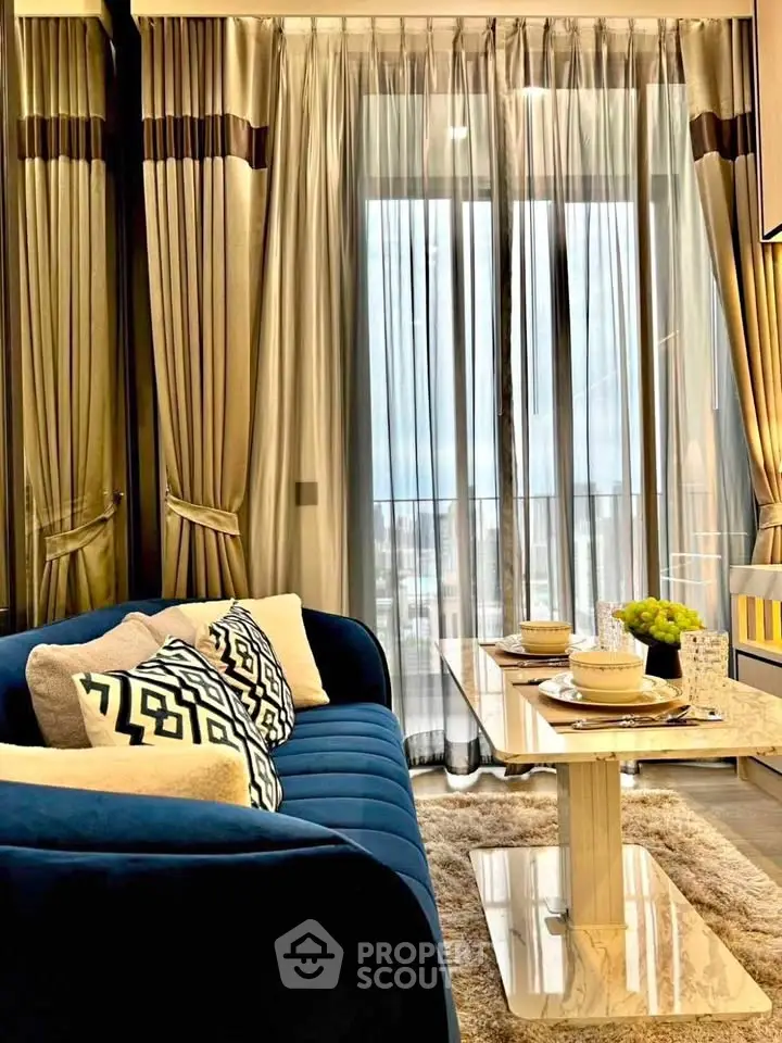 Luxurious living room with elegant curtains and cozy seating area in modern apartment.