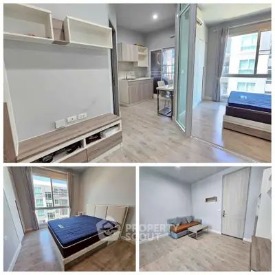 Modern apartment interior with bedroom, living area, and kitchen featuring sleek design and ample natural light.