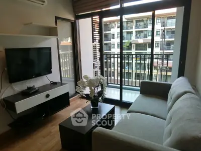 Modern living room with balcony view in a stylish apartment