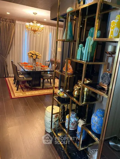 Luxurious dining room with elegant decor and stylish shelving unit