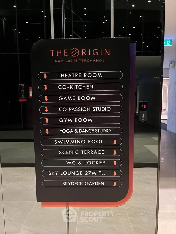 Modern building amenities sign with theatre, gym, pool, and skydeck garden at The Origin.