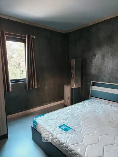 Modern bedroom with dark walls and natural light from window