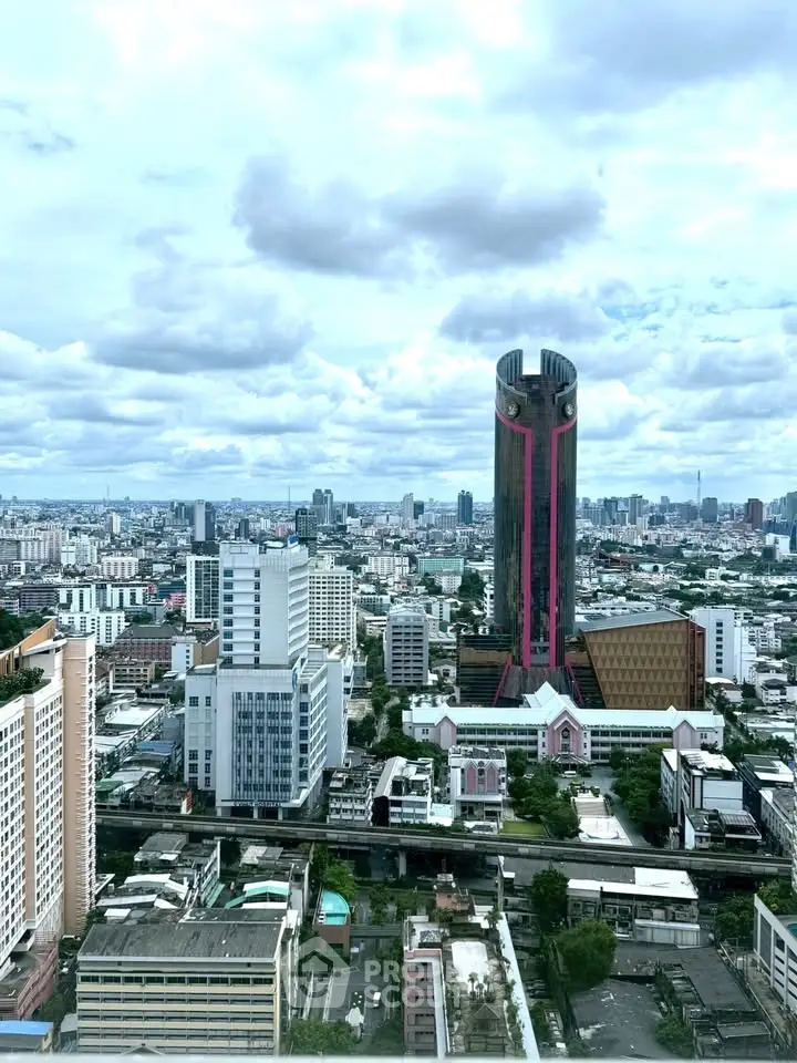 Stunning cityscape view featuring a unique skyscraper with vibrant architecture and expansive urban skyline.