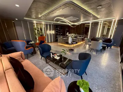 Luxurious modern living room with elegant seating and ambient lighting