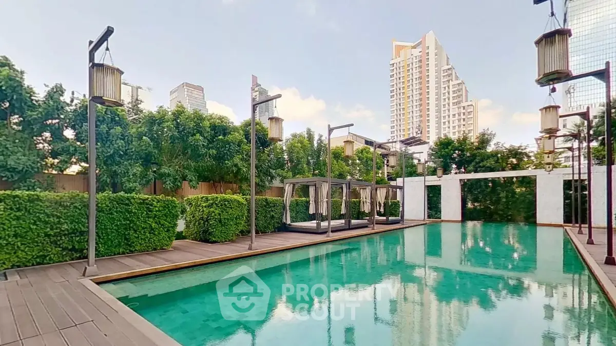 Luxurious rooftop pool with modern design and city skyline views, perfect for relaxation and leisure.