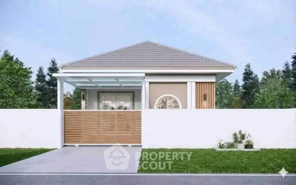 Charming single-story house with modern design and lush green surroundings.