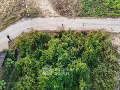 Aerial view of lush green land plot with paved road access, ideal for development.