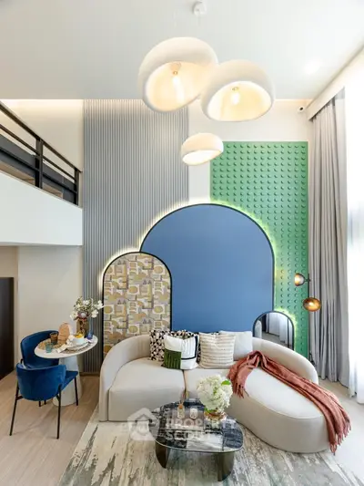 Modern living room with stylish decor and high ceiling