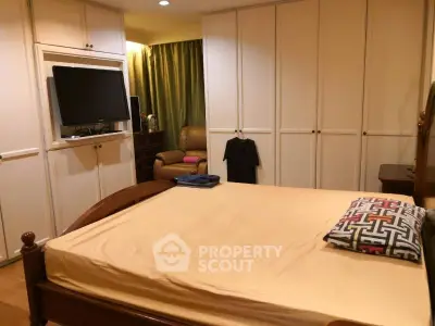 Cozy bedroom with built-in wardrobes and warm lighting, perfect for relaxation.