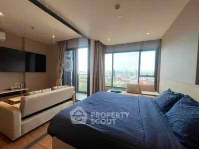 Luxurious bedroom with stunning city view and modern decor
