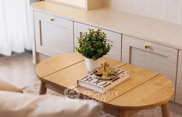 Stylish living room with wooden coffee table and modern decor