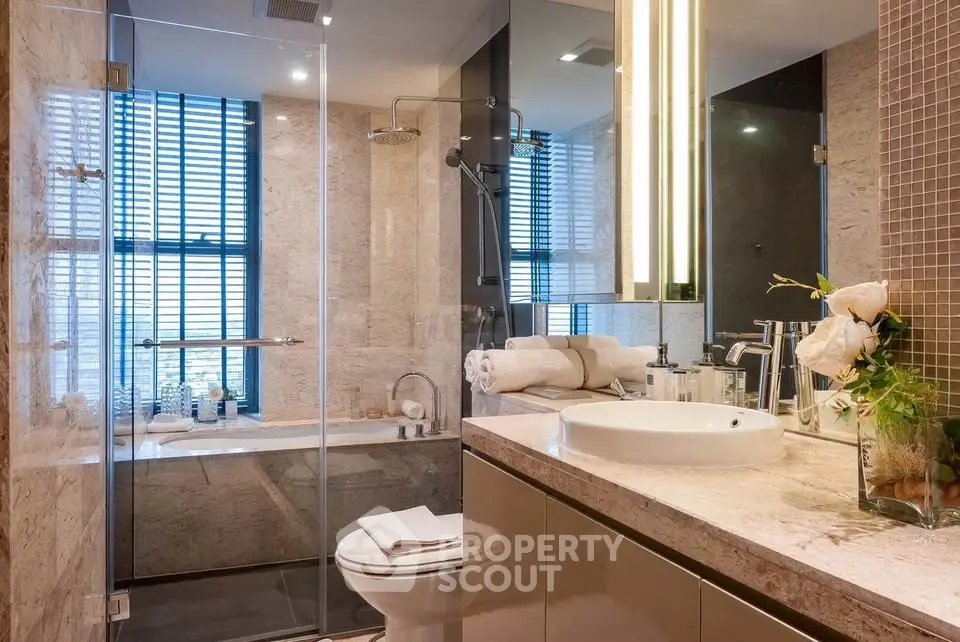 Luxurious bathroom with modern fixtures and elegant marble finishes