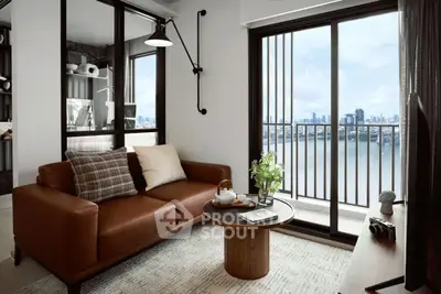 Stylish living room with leather sofa and city view balcony in modern apartment.