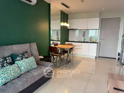 Modern living room with stylish kitchen open layout and elegant decor