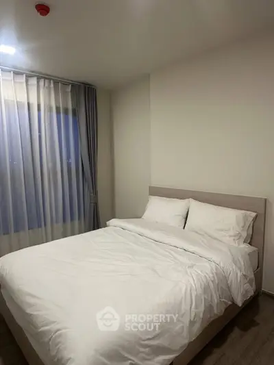 Cozy bedroom with modern design and soft lighting, featuring a comfortable bed and elegant curtains.