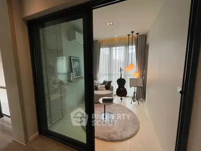 Stylish modern living room with large windows and elegant decor