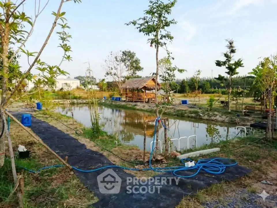 Charming rural property with serene pond and rustic wooden gazebo, perfect for nature lovers seeking tranquility.