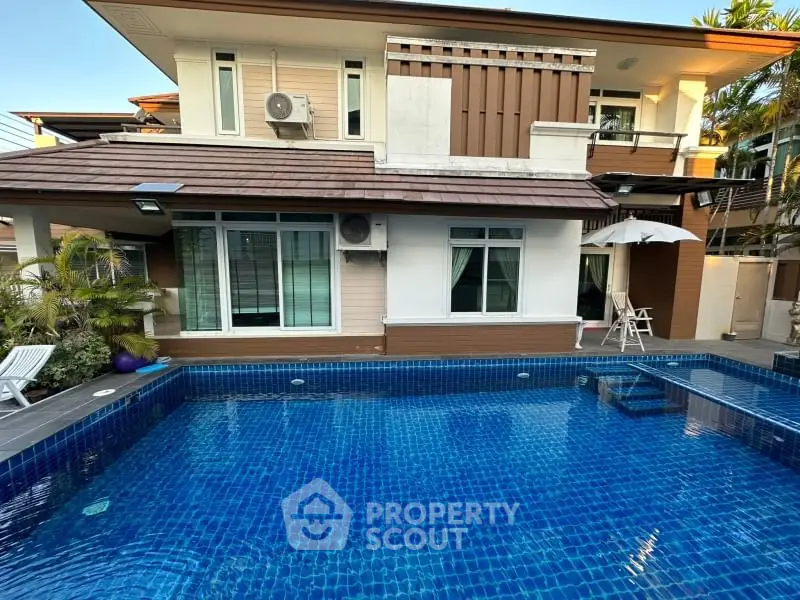 Luxurious modern home with private swimming pool and elegant exterior design.