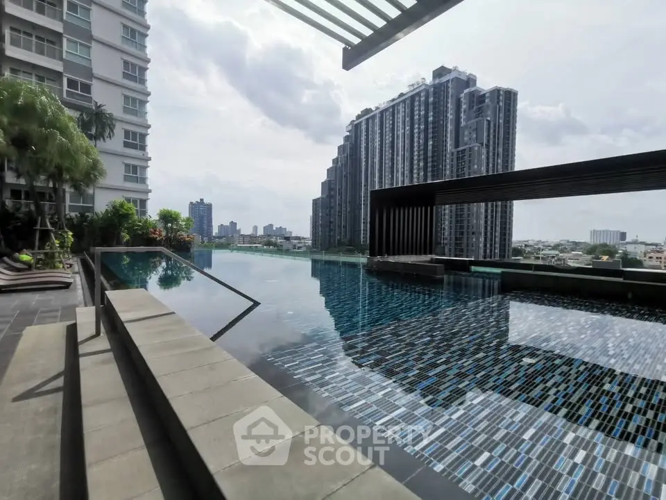 Luxurious rooftop pool with stunning cityscape views in modern high-rise building.