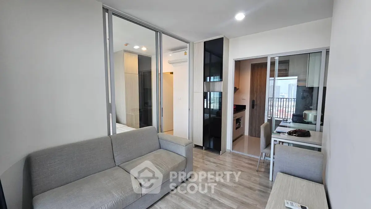 Modern apartment interior with open layout and city view
